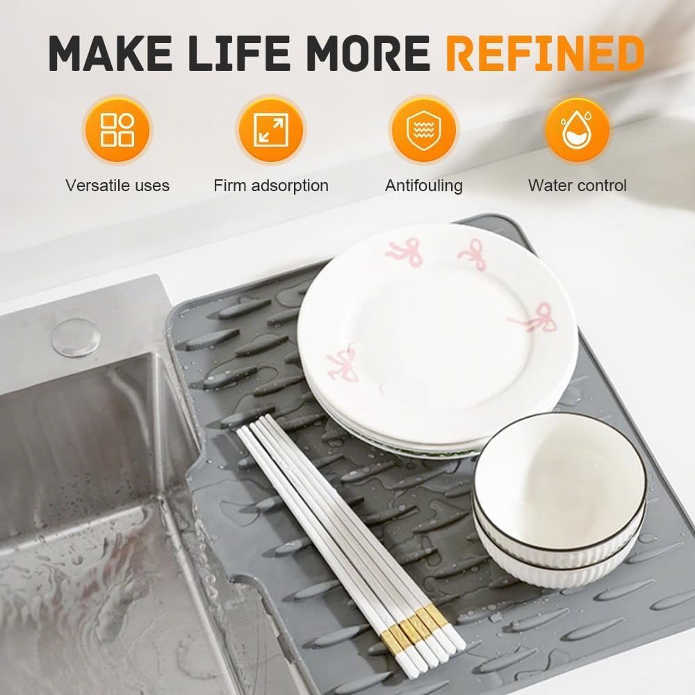 Silicone Sink Mat for Kitchen Drain – Heat-Resistant Non-Slip Dish Drying Mat Leak-Proof Eco-Friendly Utensil Draining Pad for Sink & Counter