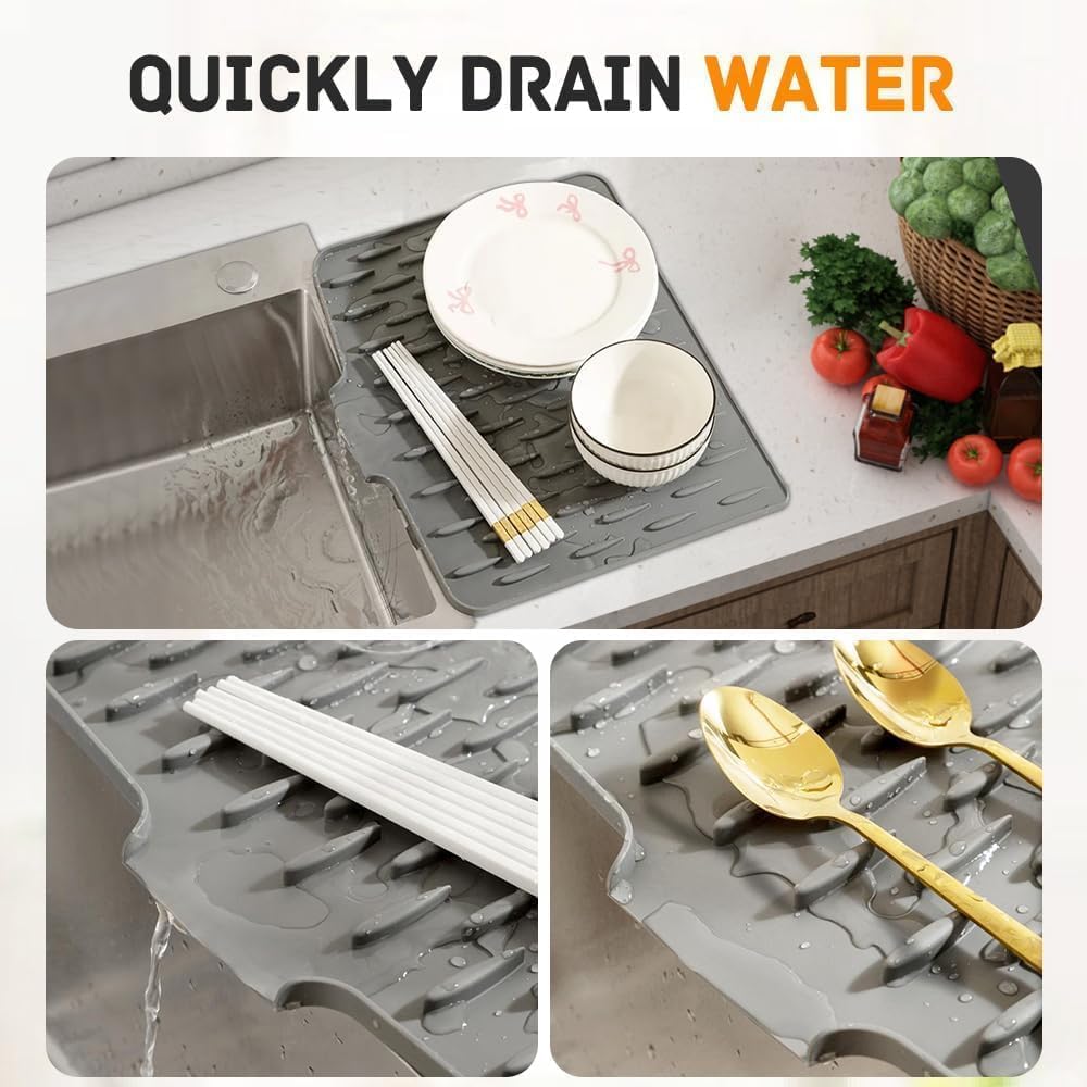 Silicone Sink Mat for Kitchen Drain – Heat-Resistant Non-Slip Dish Drying Mat Leak-Proof Eco-Friendly Utensil Draining Pad for Sink & Counter
