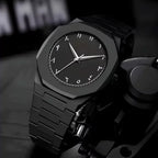 Black Minimalist Analog Wrist Aura Watch With Stainless Steel Strap And Butterfly Lock