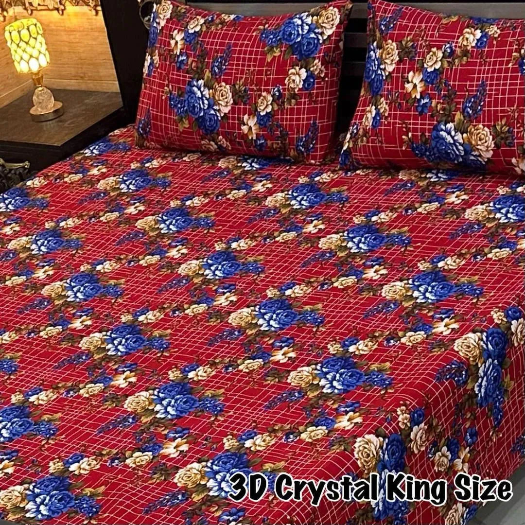3D Crystal King Size Bedsheet Set Maroon Floral